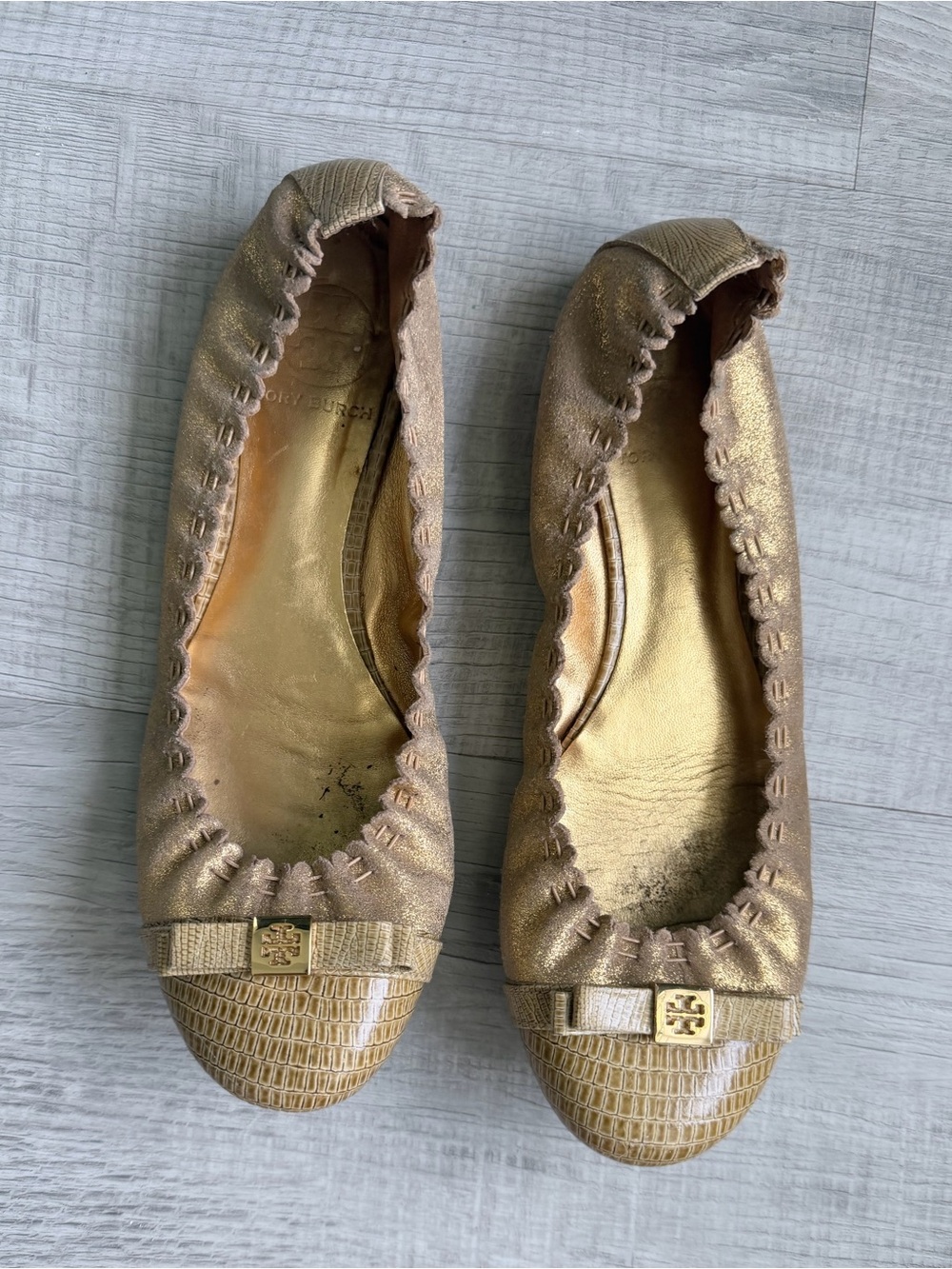 Tory Burch Metallic Gold Elastic Ballet Flats with Logo Bow 8